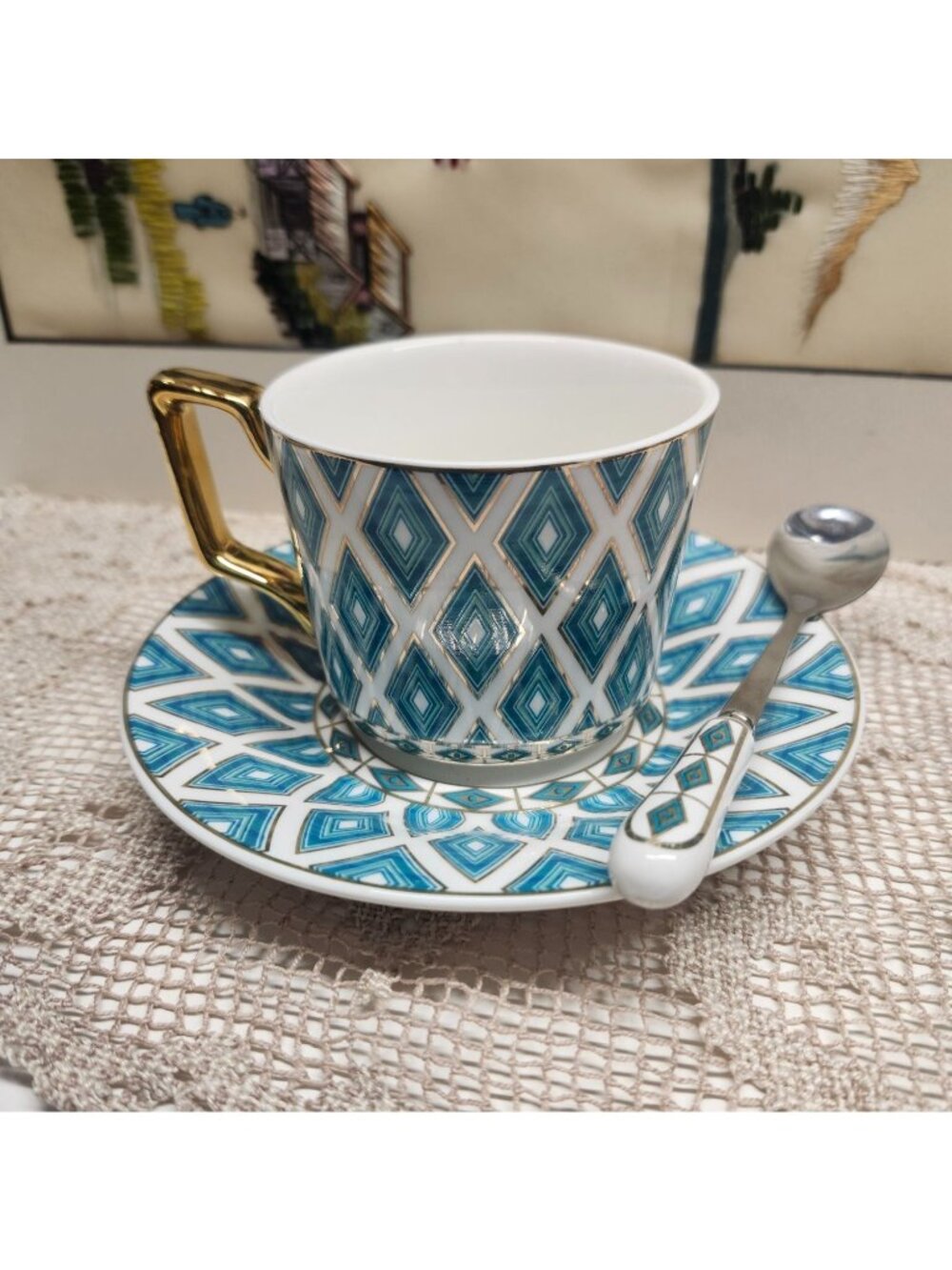 Porcelain Tea Cup Saucer & Spoon Set Teal Blue Geometric Pattern Gold Handle 3 p